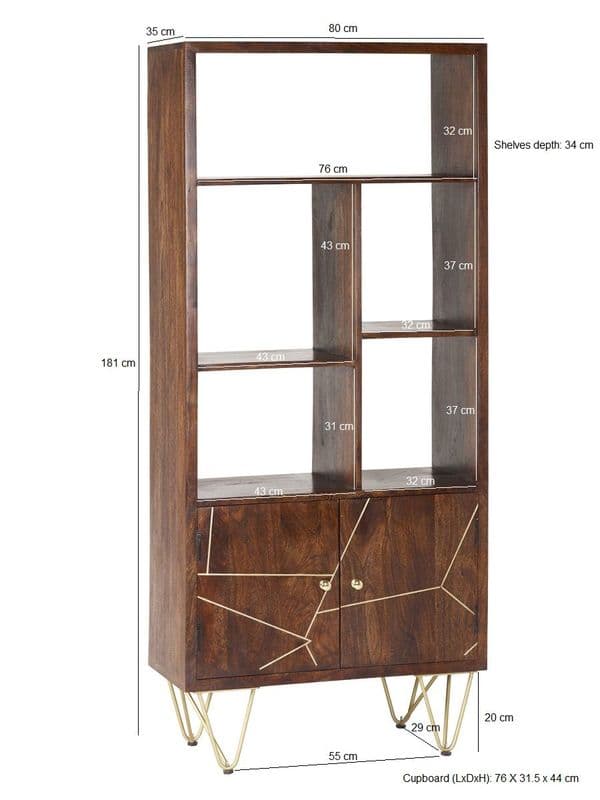 Brecon Dark Mango Wood Large 2 Door Bookcase | Solid mango wood tall 2 door, 5 shelf bookcase with metal inlays and hairpin legs.